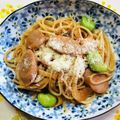 チェックのミニくま's cooksnap of when they made そら豆と魚肉ソーセージのキムチパスタ.