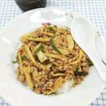 在宅勤務のおじさん's cooksnap of when they made 挽肉だけど青椒肉絲風？丼～487Kcal.