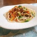 yesmama's cooksnap of when they made 豚肉と小松菜で＊もちパリ餡かけ焼うどん＊.