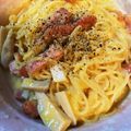 すもも5050's cooksnap of when they made 茅乃舎野菜だし★即席パスタ　カルボナーラ.