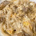 桃好き♡'s cooksnap of when they made シメジとウインナーのカルボナーラ風うどん.