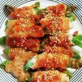 roll21's cooksnap of when they made スナップえんどうの豚肉巻き☆新玉ソース☆.