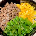 あい♪らんど's cooksnap of when they made 鶏そぼろ 玉子もそぼろの三色丼 弁当.