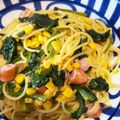 にこふわわ's cooksnap of when they made ウインナーとほうれん草とコーンのパスタ.