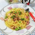 在宅勤務のおじさん's cooksnap of when they made 枝豆とベーコンのペペロンチーノパスタ.