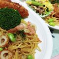 まぶたん's cooksnap of when they made ガーリックシュリンプ枝豆もやし竹輪焼そば.