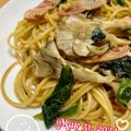 kaeちゃんママ's cooksnap of when they made 舞茸ベーコンほうれん草の醤油パスタ.