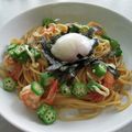 matchbox's cooksnap of when they made 欲張り＊エビとオクラと半熟卵のバター醤油パスタ＊.