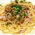 miino's cooksnap of when they made 明太子納豆ベーコンスパゲティ.