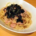 deut304's cooksnap of when they made 明太子納豆ベーコンスパゲティ.