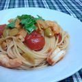 ３児ママCafe's cooksnap of when they made エビとグリーンオリーブのトマトスパゲティ.