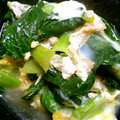 3チビ㎡A's cooksnap of when they made ポカポカ*:.｡小松菜と油揚げの卵とじ.