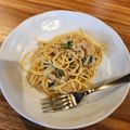麻's cooksnap of when they made えのきとにんにくツナ醤油スパゲティ.