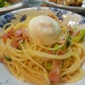 くーまんかい's cooksnap of when they made ☆アスパラとベーコンの温泉卵スパゲティ♪.