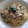 ◡̈かたくり子's cooksnap of when they made ほうれん草とベーコンのクリームスパゲティ.