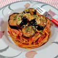 在宅勤務のおじさん's cooksnap of when they made 揚げナスとベーコンのトマトソース♪パスタ.