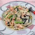 在宅勤務のおじさん's cooksnap of when they made ほうれん草と塩鮭としめじのクリームパスタ.