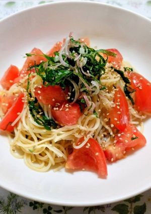夏の夕飯簡単茗荷大葉トマト冷製和風パスタ-レシピのメイン写真