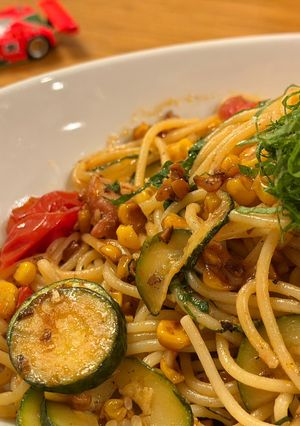 夏祭りパスタ!焼きとうもろこしと夏野菜のパスタ-レシピのメイン写真