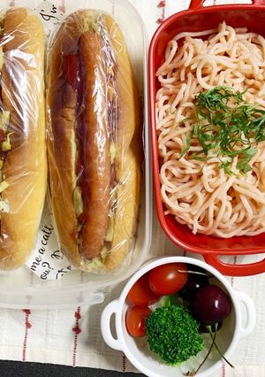 6/23ホットドッグと明太子パスタ弁当-レシピのメイン写真