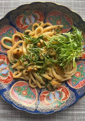 水菜とアサリの味噌焼きうどん-レシピのメイン写真