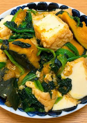 厚揚げとかぼちゃ・ほうれん草の白だし煮-レシピのメイン写真