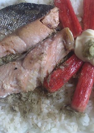 備蓄米でカフェ丼V44〜知床サーモン切身-レシピのメイン写真