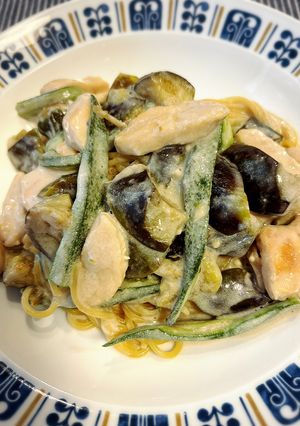 ナスとオクラとささみのクリームパスタ-レシピのメイン写真