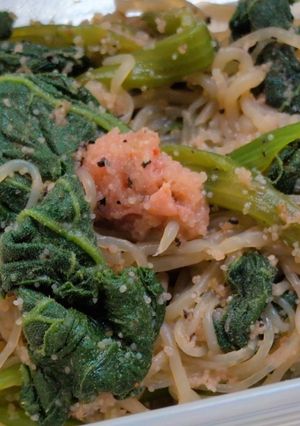 糸コンニャクとカボチャの葉、茎明太子炒め-レシピのメイン写真