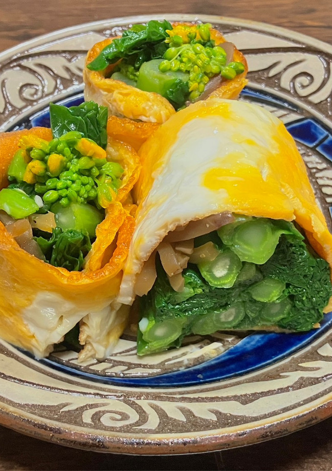 菜の花とザーサイを薄焼き卵で巻いて-レシピのメイン写真