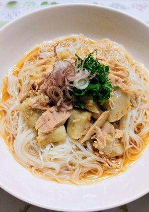 暑い日に食べたい昼食夕飯白なすツナ冷やし素麺-レシピのメイン写真
