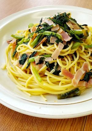 味付け簡単！春菊とベーコンの和風パスタ-レシピのメイン写真