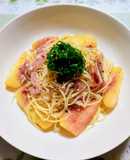 簡単昼食！桃生ハム茗荷大葉和風冷製パスタ