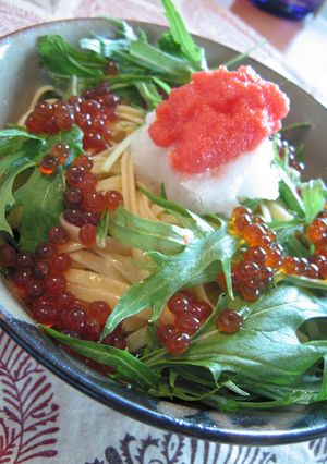 たっぷり水菜のたらこ＆いくらパスタ-レシピのメイン写真
