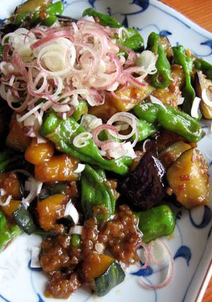 簡単【茄子・南瓜・しし唐・肉味噌がらめ】-レシピのメイン写真