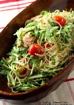 水菜とハムのパスタサラダ　和風胡麻マヨ味-レシピのメイン写真