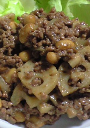 れんこんと大豆の挽き肉甘辛炒め-レシピのメイン写真