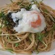 めちゃうま!水菜明太子納豆パスタ温玉のせ