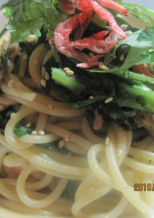 牡蠣と春菊と小エビのパスタ-レシピのメイン写真