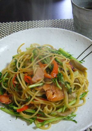 サーモンと水菜の醤油スパゲティ♪-レシピのメイン写真