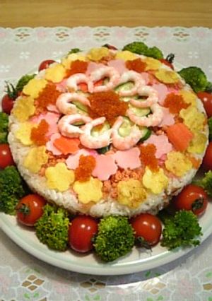 ひな祭りに♪お花畑のケーキ型ちらし寿司-レシピのメイン写真