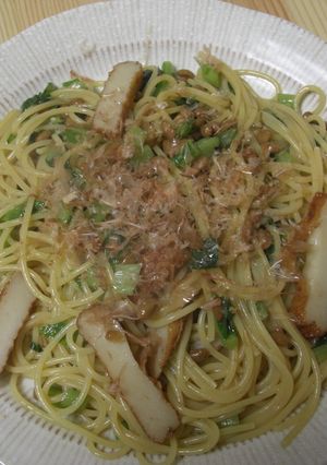 野沢菜と納豆とさつま揚げの和風パスタ　-レシピのメイン写真