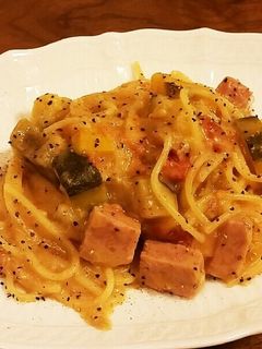 ベーコンスパムトマト煮パスタ-レシピのメイン写真