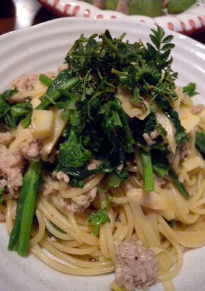 菜の花＋たけのこ＋鶏ひき肉のパスタ-レシピのメイン写真