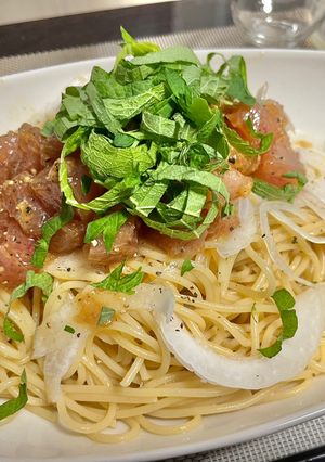 漬けマグロと新玉ねぎの柚子胡椒冷製パスタ-レシピのメイン写真