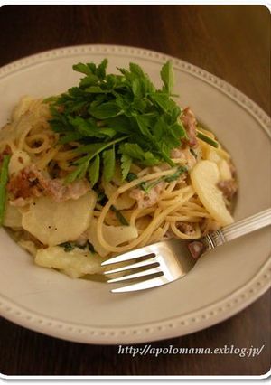 新じゃがと豚コマdeわさびマヨパスタ♪-レシピのメイン写真