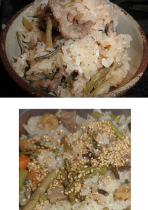 わらび、ふき、豚肉または干しエビのおこわ-レシピのメイン写真