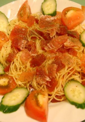 生ハムと夏野菜の寒天添えパスタ-レシピのメイン写真