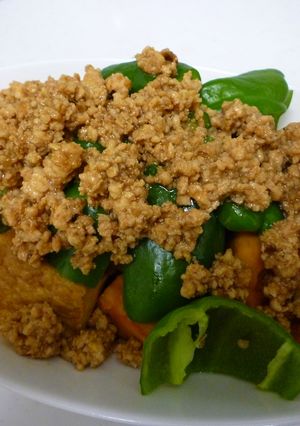 レンジで簡単！かぼちゃとピーマンの肉味噌-レシピのメイン写真