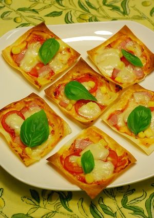 簡単♪ワンタンの皮で☆一口おつまみピザ-レシピのメイン写真